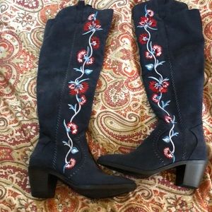 Navy floral over the knee boots